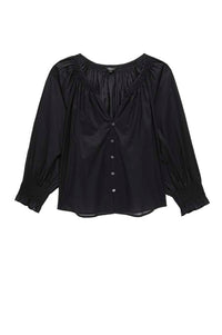 Black top wiht notch neck and button through with bracelet length sleeves and ruched cuffs