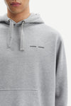 grey hoodie with samsoe samsoe chest logo, drawstring hood and kangaroo style front pocket close up