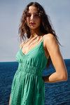spaghetti strap v neck green midi dress with cutout detailing from rails  close up model