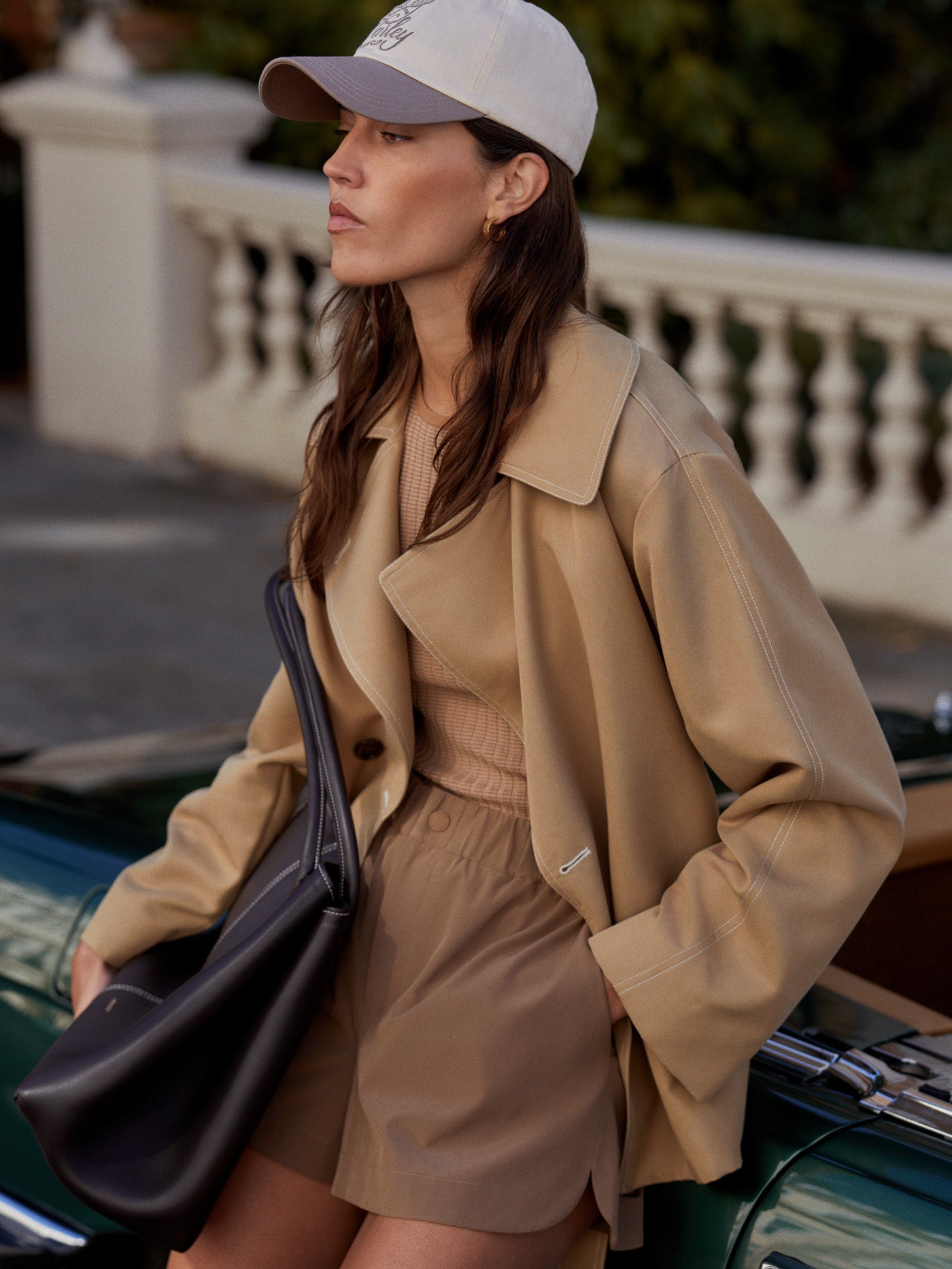 short camel trench coat with tie belt from varley model shot