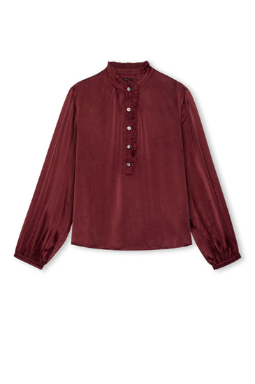 Burgundy silk top with ruffled half button placket