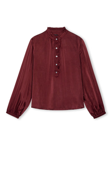 Burgundy silk top with ruffled half button placket