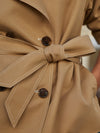 short camel trench coat with tie belt from varley close up