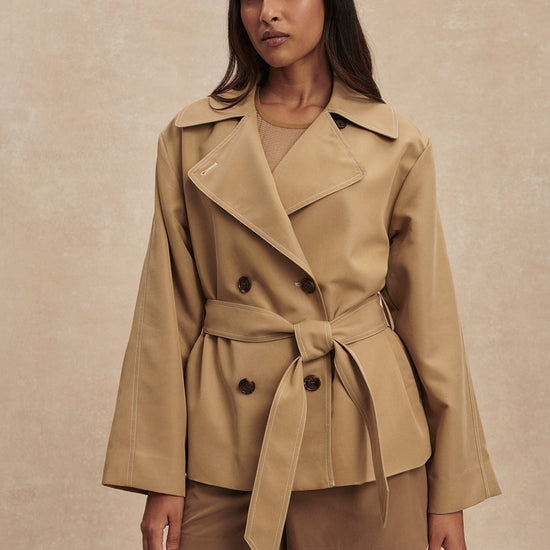 short camel trench coat with tie belt from varley