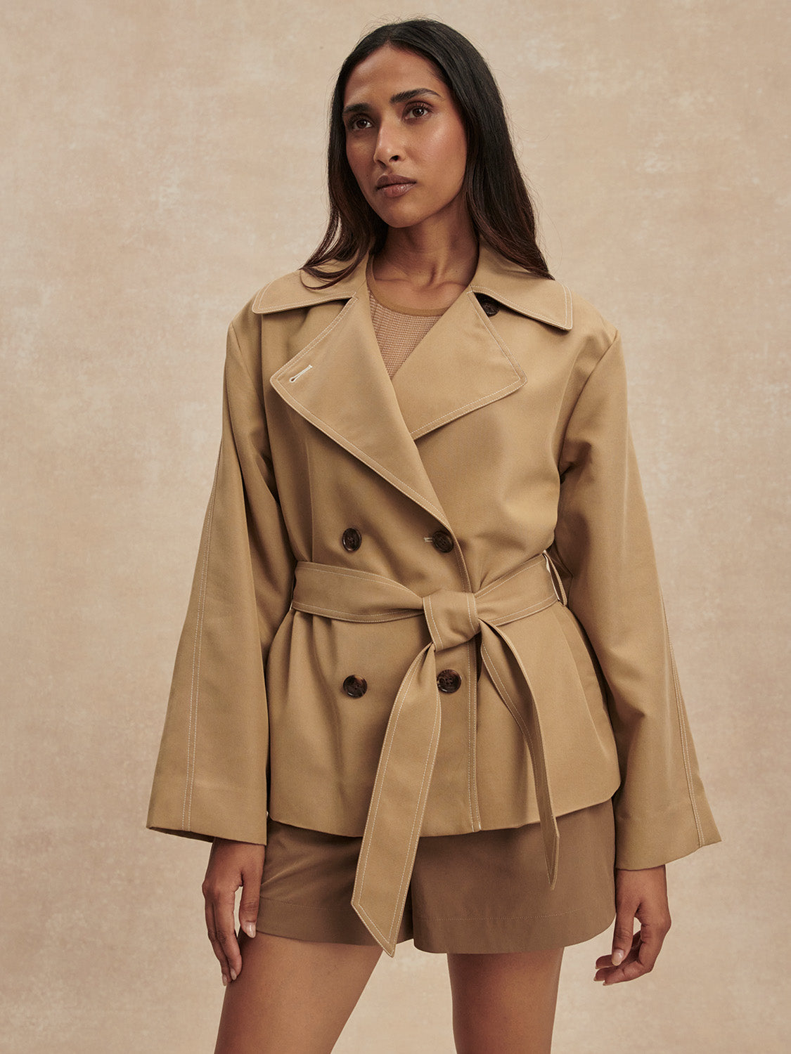 short camel trench coat with tie belt from varley