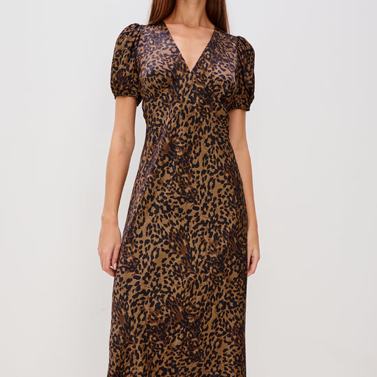 v neck short sleeve mid length animal print dress model shot