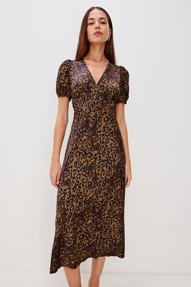 v neck short sleeve mid length animal print dress model shot