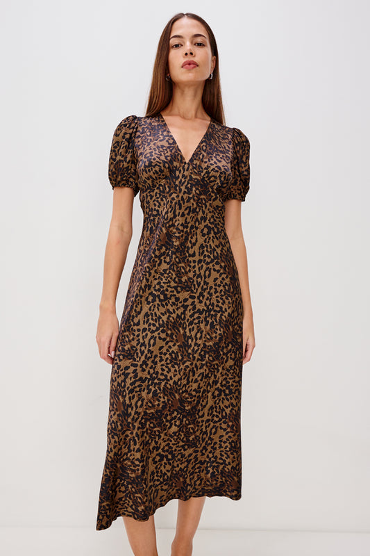 v neck short sleeve mid length animal print dress model shot