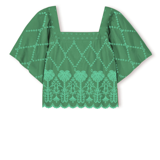 square neck short sleeve green top with cutout detailing and scalloped hem from rails