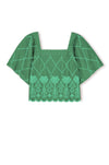 square neck short sleeve green top with cutout detailing and scalloped hem from rails