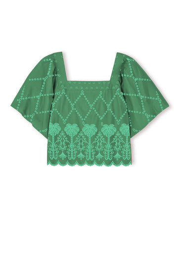 square neck short sleeve green top with cutout detailing and scalloped hem from rails