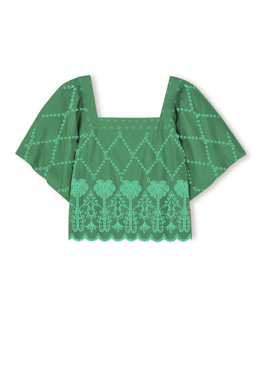 square neck short sleeve green top with cutout detailing and scalloped hem from rails
