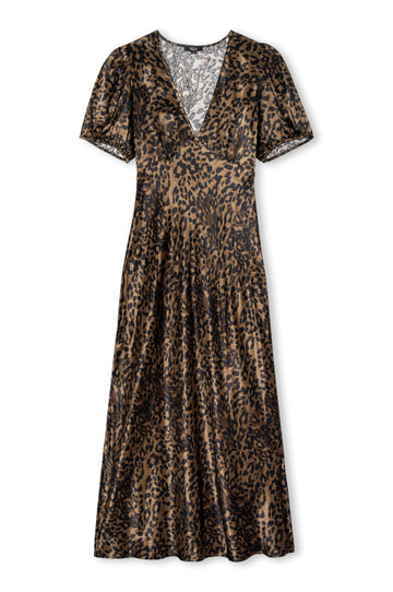 v neck short sleeve mid length animal print dress