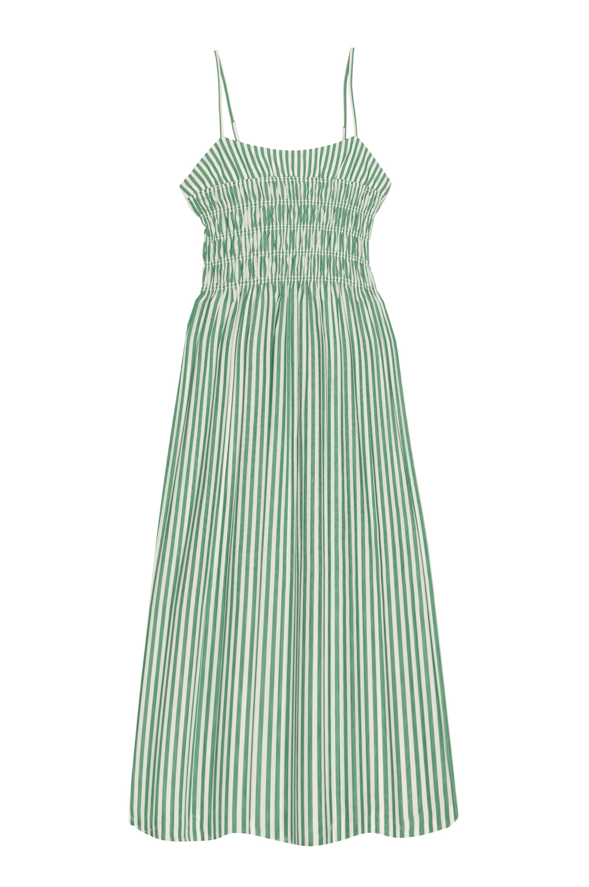 spaghetti strap shirred waist midi green stripe dress from rails
