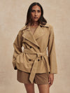 short camel trench coat with tie belt from varley model shot