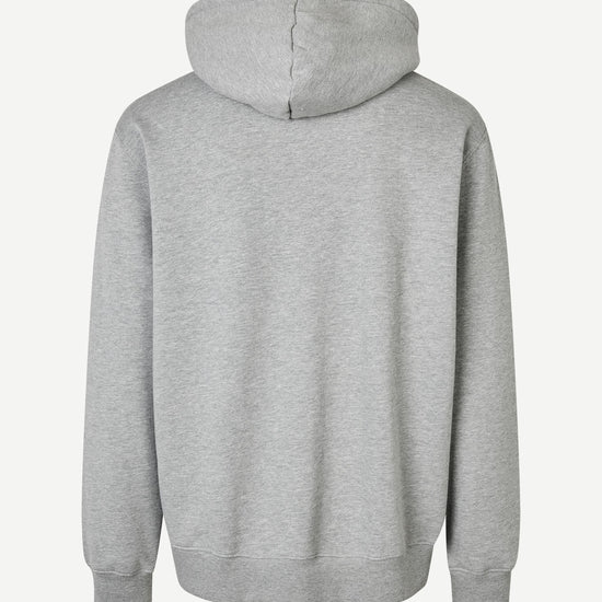 grey hoodie with samsoe samsoe chest logo, drawstring hood and kangaroo style front pocket rear view 