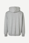 grey hoodie with samsoe samsoe chest logo, drawstring hood and kangaroo style front pocket rear view 