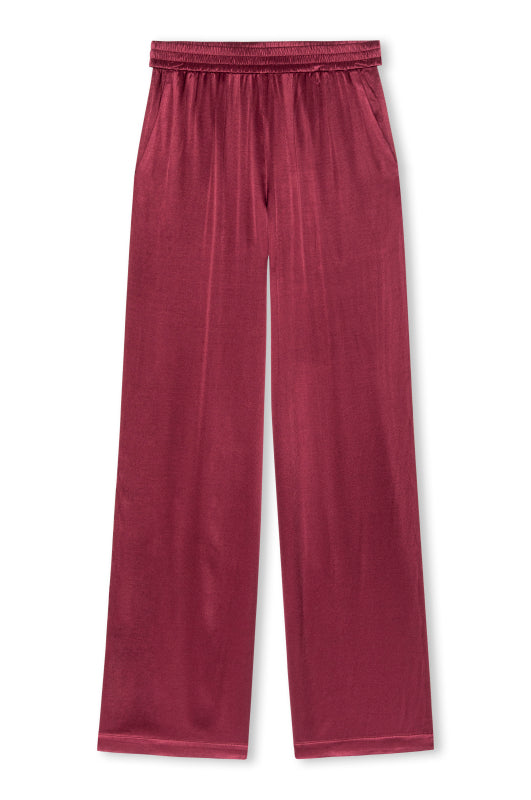 burgundy wide leg viscose trousers with elasticated waist
