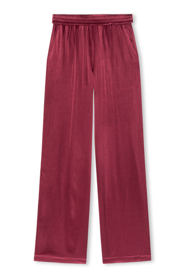 burgundy wide leg viscose trousers with elasticated waist