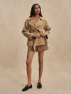 short camel trench coat with tie belt from varley model shot