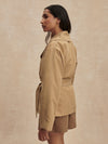short camel trench coat with tie belt from varley side view 