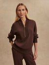 chocolate brown half zip jumper with dropped shoulder, rib detailing and gold zip model shot