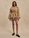 short camel trench coat with tie belt from varley model shot