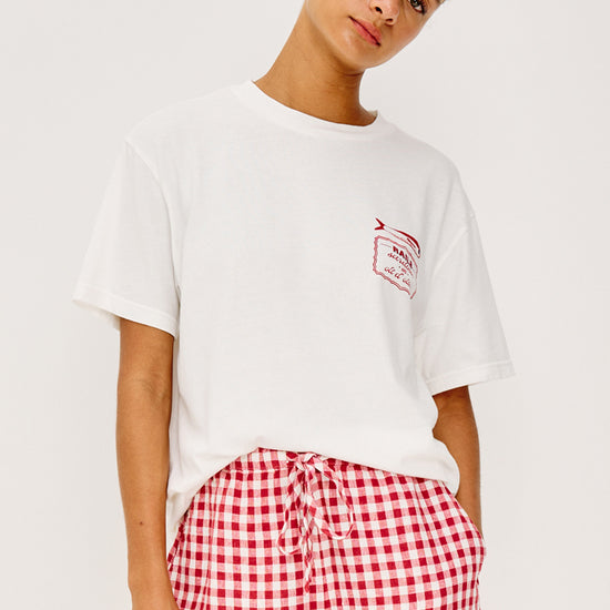 white round neck short sleeve tee with sardine print on the rear form rails model shot