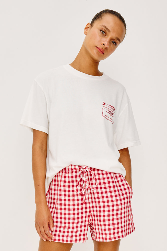 white round neck short sleeve tee with sardine print on the rear form rails model shot