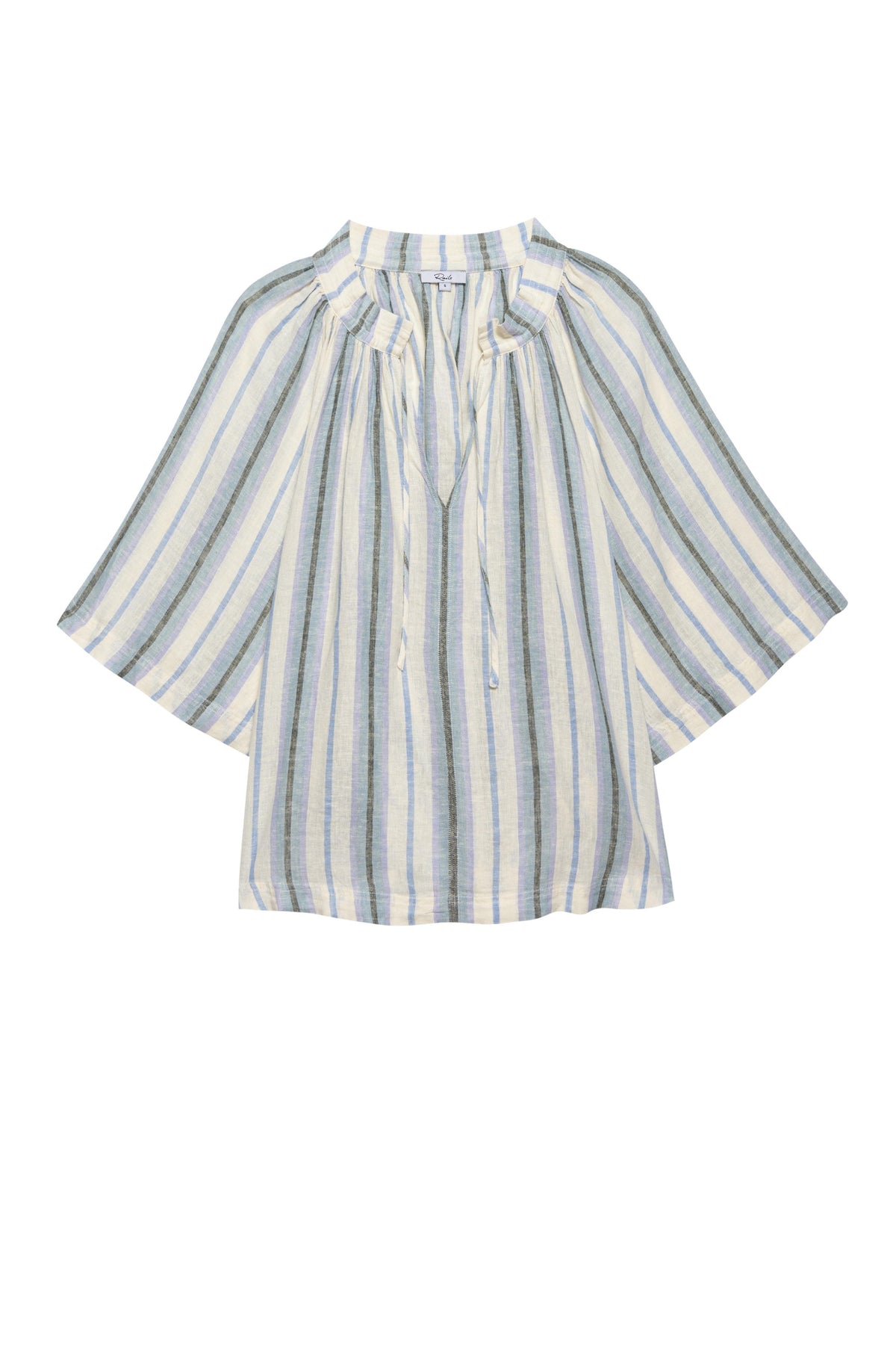 Ecru and blue striped shirt with notch neck tie detail and short sleeves