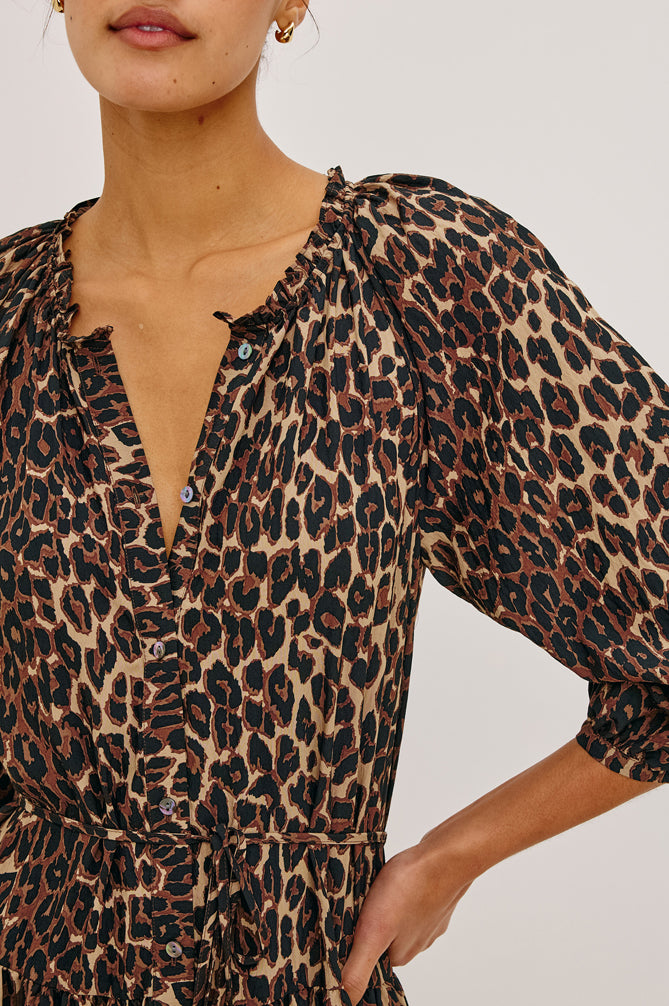 Leopard print dress worn by a person on a plain background