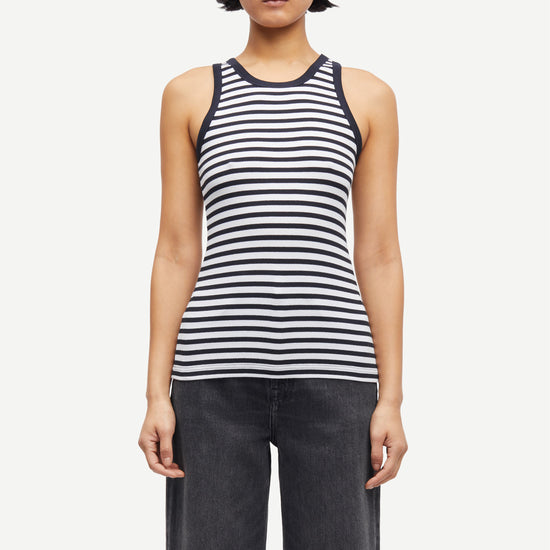 navy stripe tank with round neck and sleeveless, racerback model shot