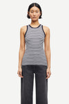 navy stripe tank with round neck and sleeveless, racerback model shot