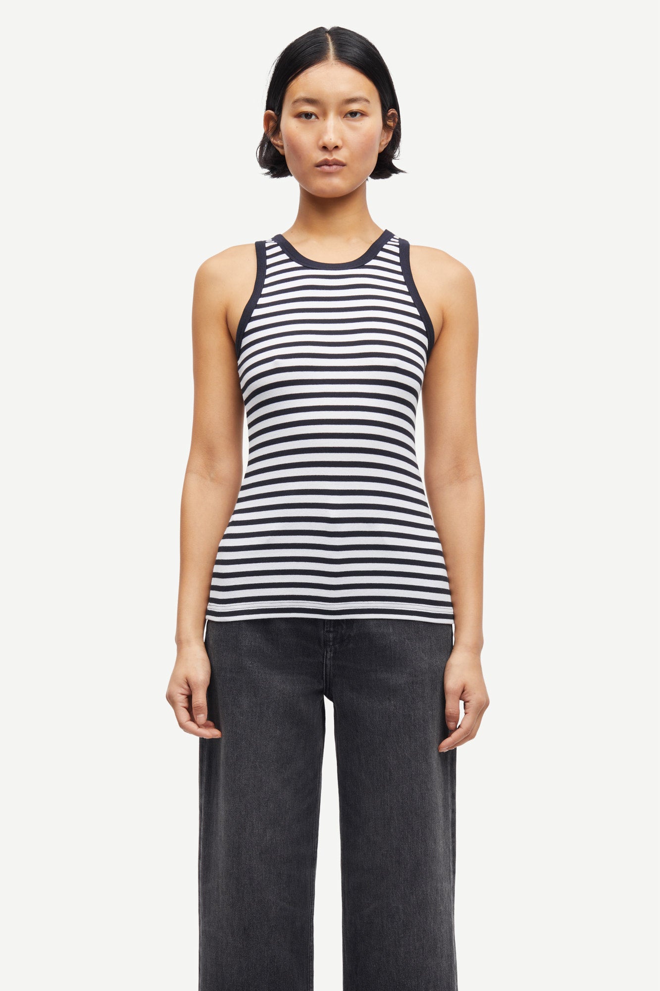 navy stripe tank with round neck and sleeveless, racerback model shot