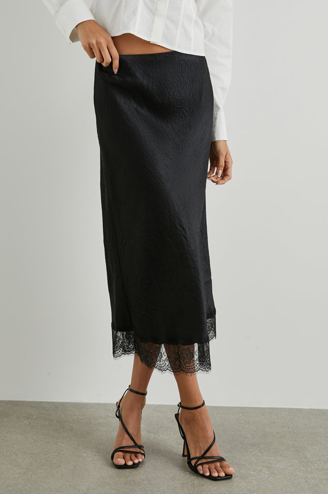 Black A line textured satin midi skirt with lace hem