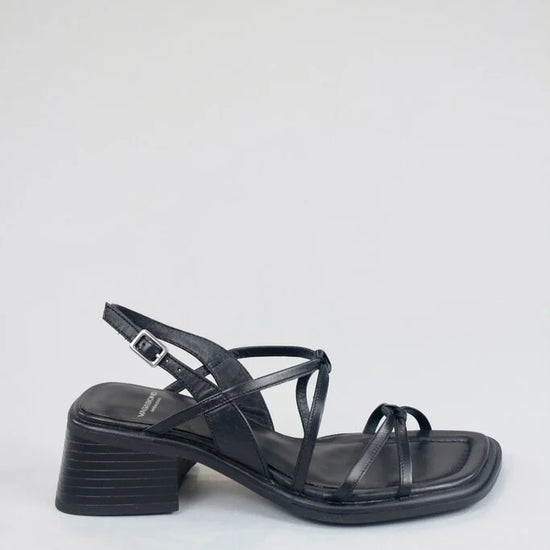 Black block heeled sandal with thin straps