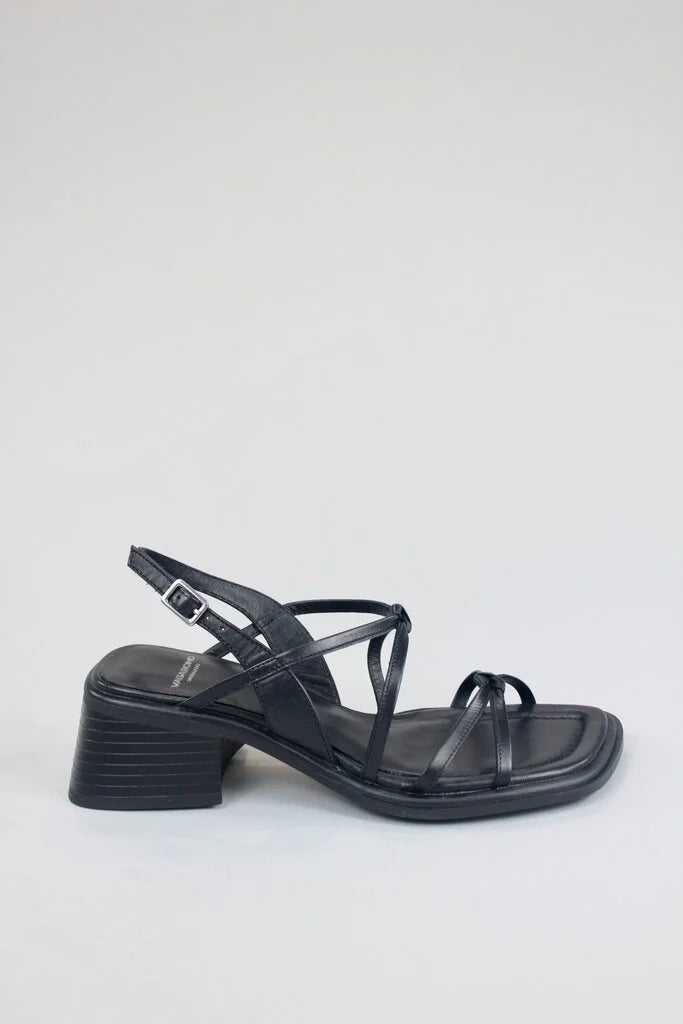 Black block heeled sandal with thin straps