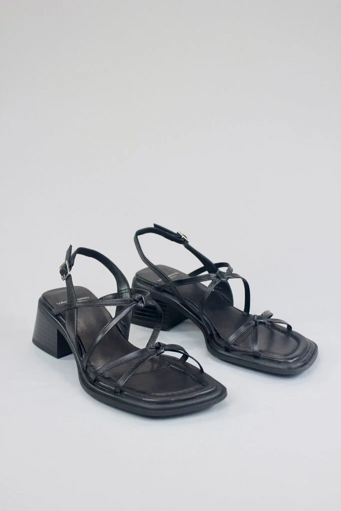 Black block heeled sandal with thin straps