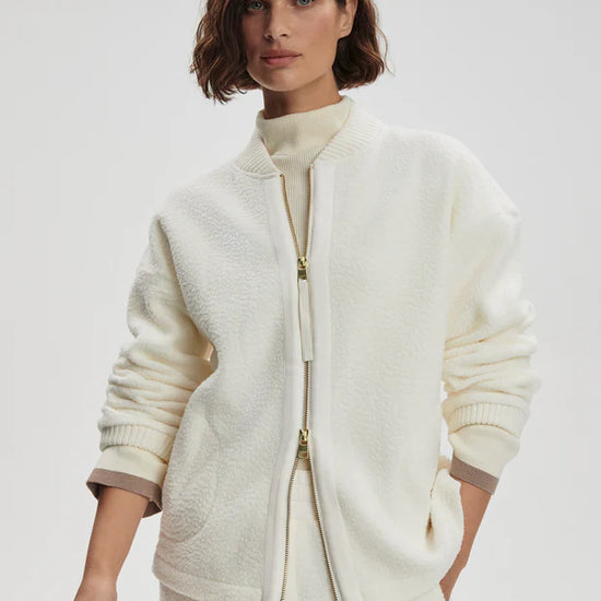 white bomber style fleece model shot