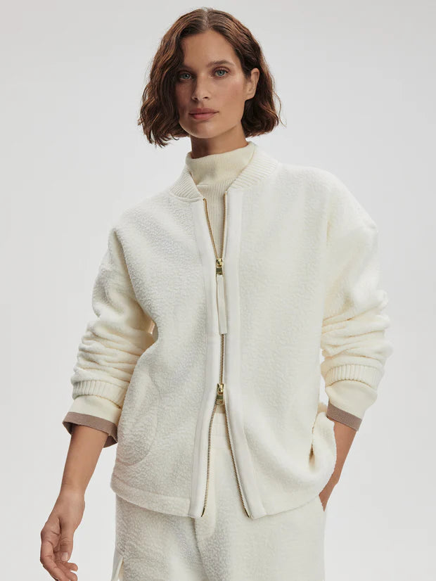 white bomber style fleece model shot