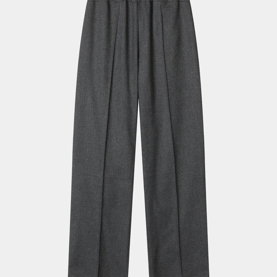 A pair of dark gray wide-leg trousers with a pleated front, displayed flat against a light gray background.