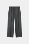 A pair of dark gray wide-leg trousers with a pleated front, displayed flat against a light gray background.