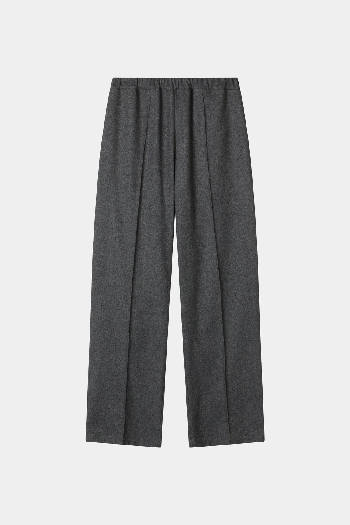 A pair of dark gray wide-leg trousers with a pleated front, displayed flat against a light gray background.