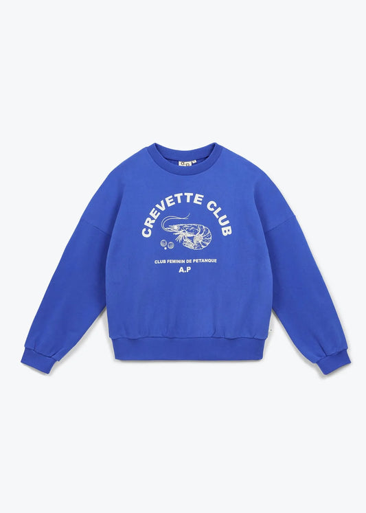 Blue sweatshirt with 'Crevette Club' logo on a light gray background