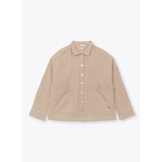Flat lay of a boxy shirt with brown and cream vertical stripes 