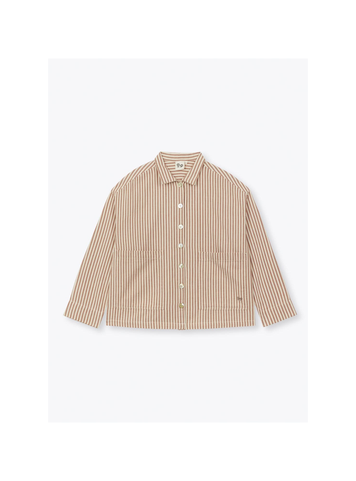 Flat lay of a boxy shirt with brown and cream vertical stripes 