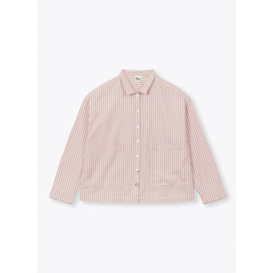 Flat lay of Pink striped shirt on a white background