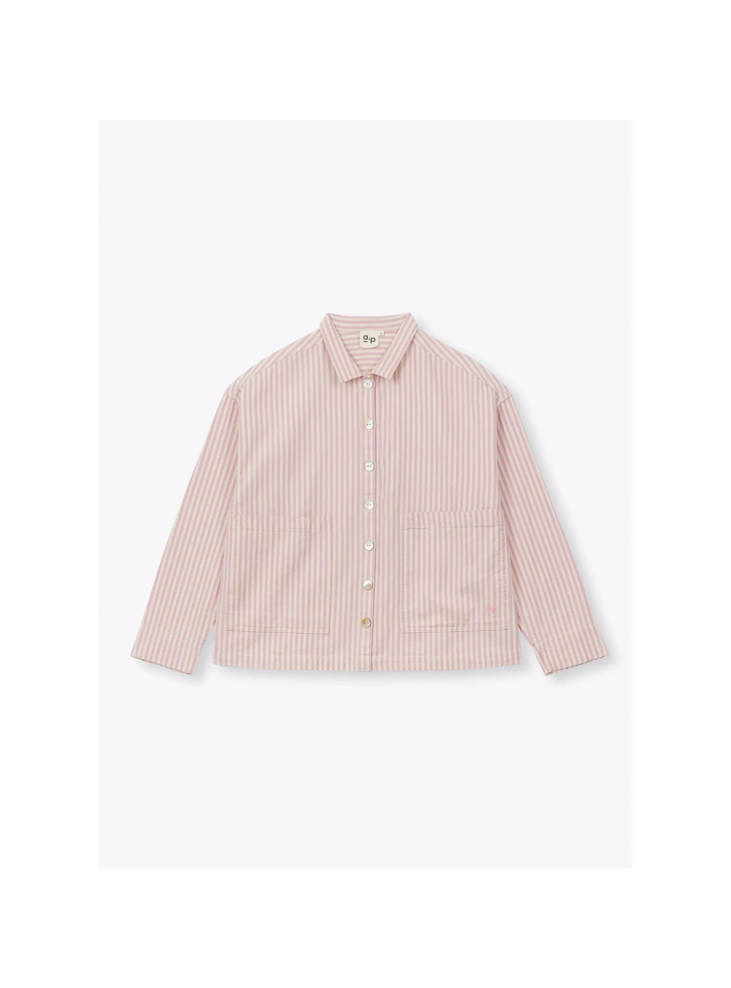 Flat lay of Pink striped shirt on a white background