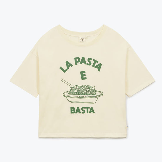 Beige t-shirt with green text and graphic on a white background