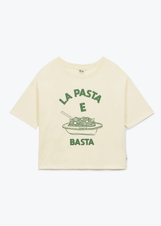 Beige t-shirt with green text and graphic on a white background